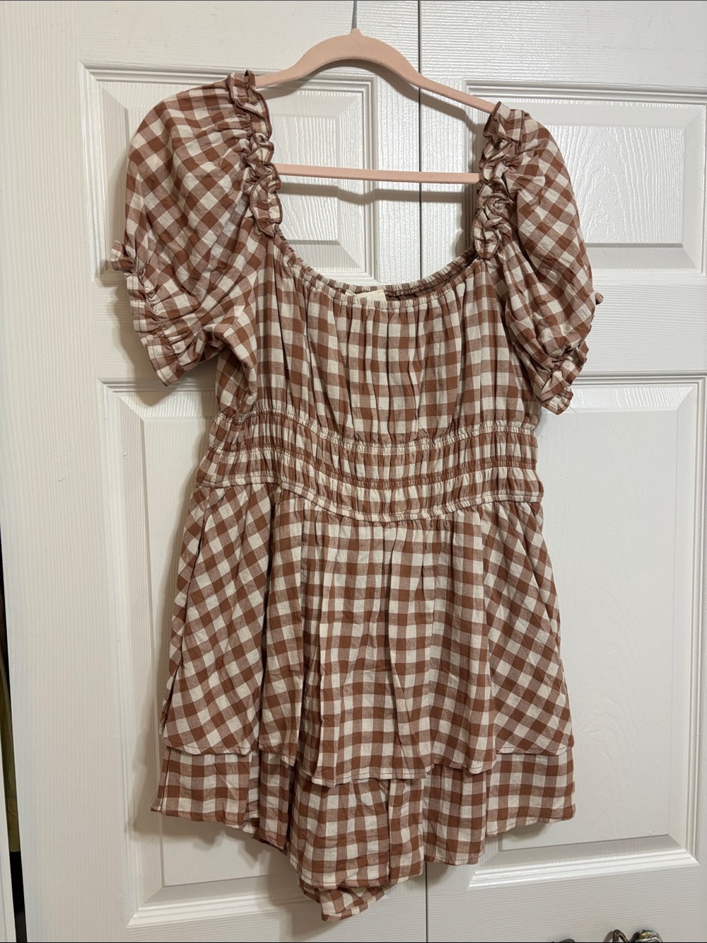 Gingham Puff-Sleeve Smocked Mini Dress in Brown and Cream